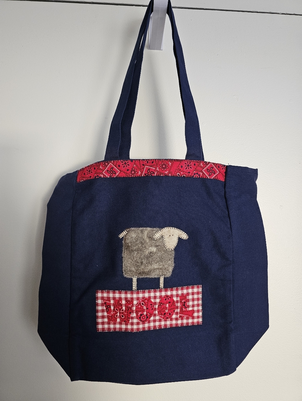 Navy Blue Tote Bag with Shetland Sheep Wool And Red Accents New
